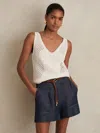 Reiss Womens Indigo Ashby Contrast-stitch Mid-rise Linen Shorts In Blue