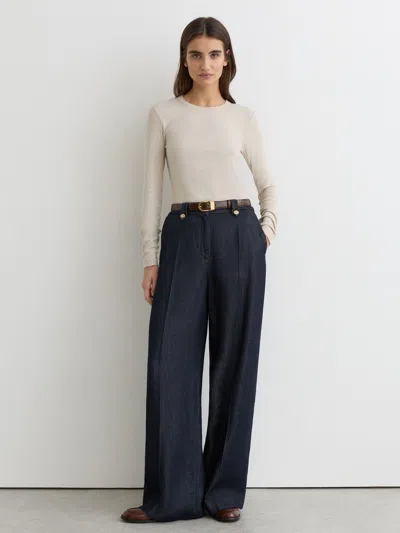 Reiss Indigo Lyocell Topstitched Wide-leg Trousers In Black