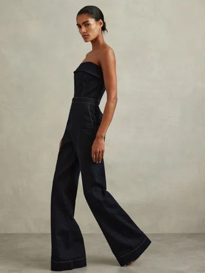 Reiss Indigo Tiggie Denim Strapless Wide Leg Jumpsuit In Blue