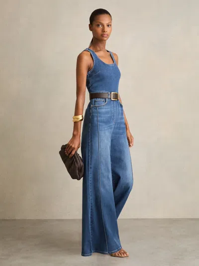 Reiss Indigo Wide-leg Racer-back Denim Jumpsuit In Purple