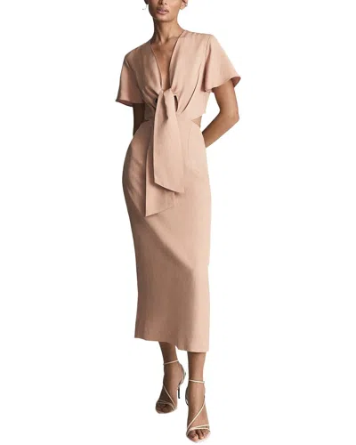 Reiss Iona Tie Waist Bodycon Linen-blend Midi Dress In Green