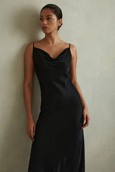 Reiss Isabel - Black Satin Cowl Neck Midi Dress, Us 0