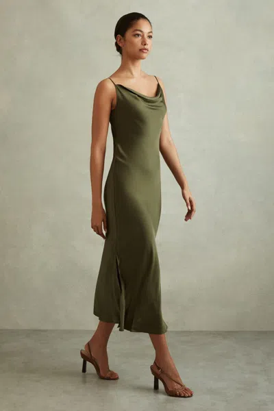 Reiss Isabel - Khaki Satin Cowl Neck Midi Dress, Us 8