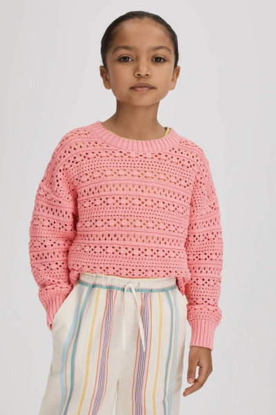 Reiss Isobel - Pink Junior Crochet Crew Neck Jumper, Age 4-5 Years