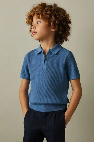 Reiss Kids' Ivor - Blue Junior Textured Half-zip Neck Polo Shirt, Age 8-9 Years