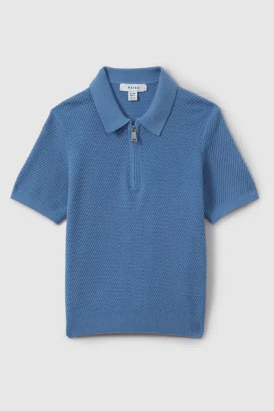 Reiss Ivor - Blue Textured Half-zip Neck Polo Shirt, Uk 13-14 Yrs
