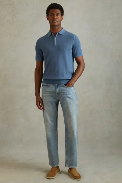 Reiss Ivor - Blue Textured Half-zip Polo Shirt, Xl
