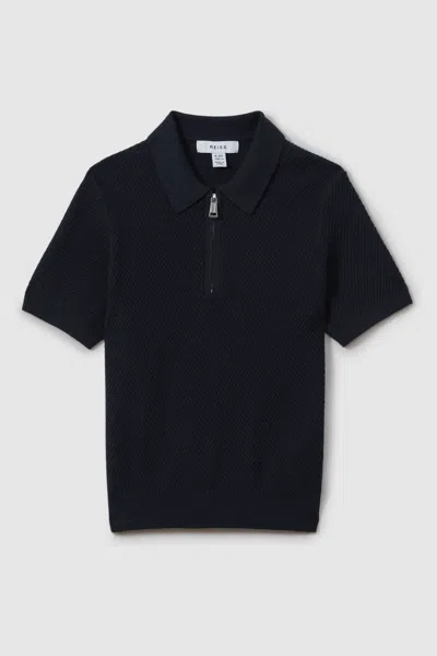 Reiss Ivor - Navy Teen Textured Half-zip Neck Polo Shirt, Uk 13-14 Yrs