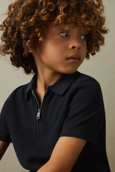 Reiss Kids' Ivor - Navy Textured Half Zip Neck Polo Shirt, Age 3-4 Years