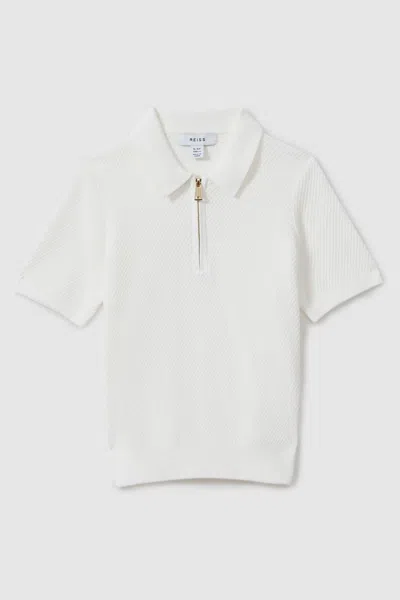 Reiss Ivor - White Teen Textured Half-zip Neck Polo Shirt, Uk 13-14 Yrs