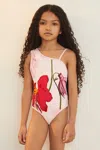 Reiss Girls Cream & Red Floral Print One-shoulder Swimsuit