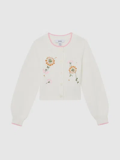 Reiss Kids'  Ivory Ellie Cotton Floral-embroidered Cardigan In White