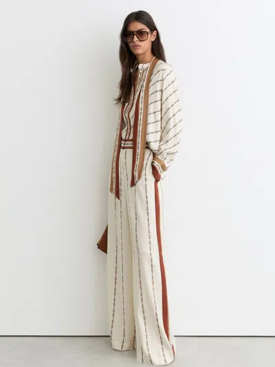 Reiss Ivory Chain-print Wide-leg Trousers In White