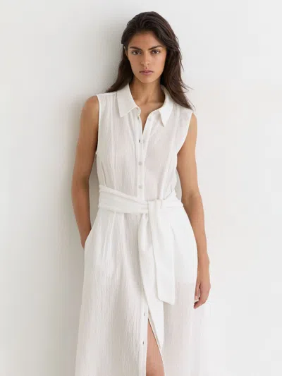Reiss Ivory Cotton Cheesecloth Belted Shirt Dress In White