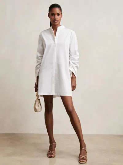 Reiss Ivory Cotton Gathered Cut-out Shirt Dress With Stretch In White