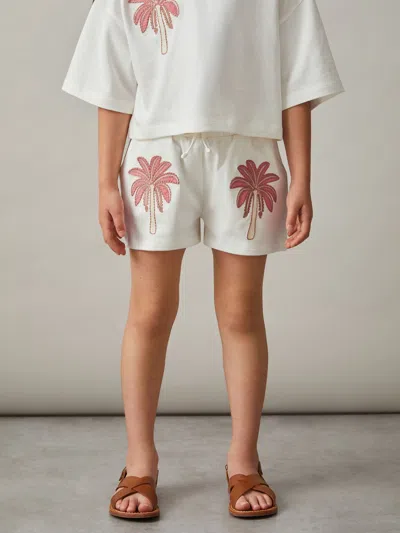 Reiss Ivory Cotton Palm Tree Drawstring Shorts In White