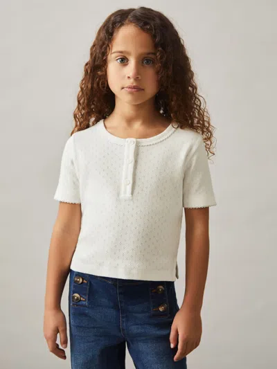 Reiss Ivory Cotton Pointelle Button T-shirt