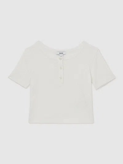 Reiss Ivory Cotton Pointelle Button T-shirt