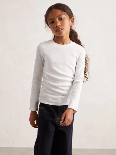 Reiss Ivory Cotton Ruched Long Sleeve T-shirt With Stretch In White