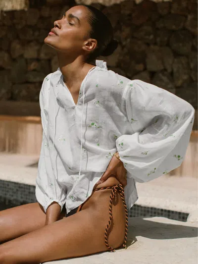 Reiss Ivory Floral-embroidered Tie-neck Blouse Ramie-lyocell In White