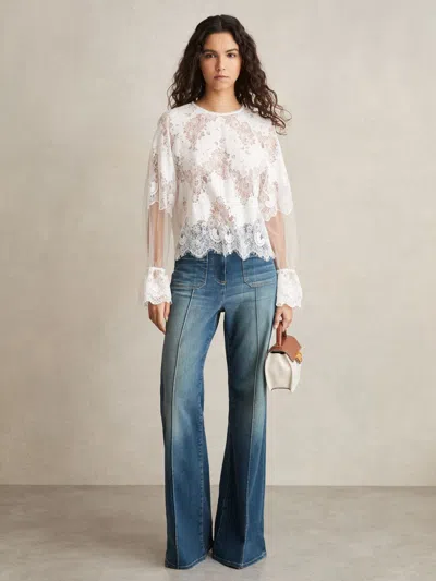 Reiss Ivory Lace Flared-cuff Blouse In White