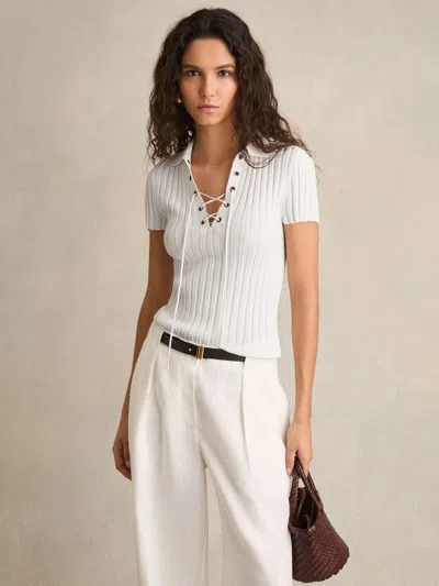 REISS IVORY LACE UP RIB KNIT TOP