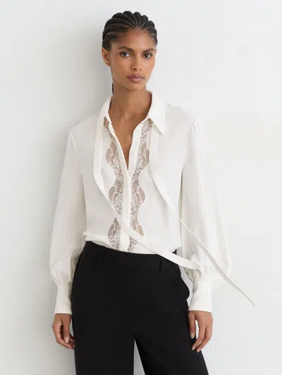Reiss Ivory Lace-trim Tie-neck Blouson Shirt In White