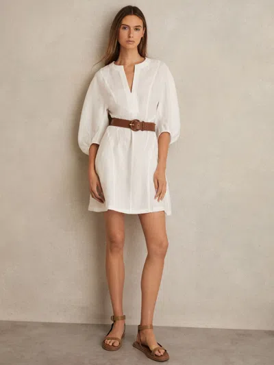 Reiss Ivory Linen Balloon Sleeve Mini Dress In White