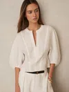 Reiss Remi Cropped Blouson-sleeve Linen Blouse In White