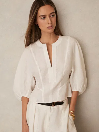 REISS REISS IVORY REMI LINEN BALLOON-SLEEVE TOP