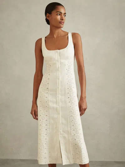 REISS REISS IVORY CLARICE LINEN BRODERIE MIDI DRESS