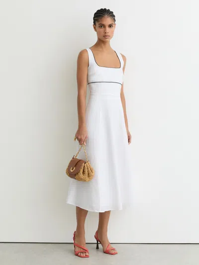 Reiss Womens Ivory Dorethea Contrast-trim Linen Midi Dress In White