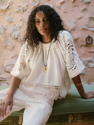 Reiss Ivory Linen Embroidered Swing Top In Neutral