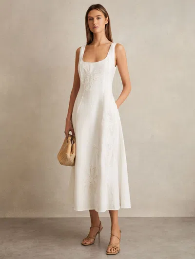 REISS REISS IVORY ELISE LINEN FLORAL-EMBROIDERED MIDI DRESS