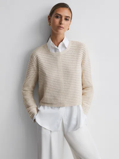 Reiss Ivory Linen Open Stitch Crew Neck Jumper