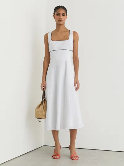 Reiss Ivory Petite Linen Contrast-trim Midi Dress In White
