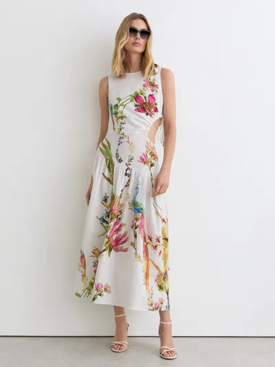 Reiss Ivory Petite Linen Floral-print Cut-out Midi Dress In White