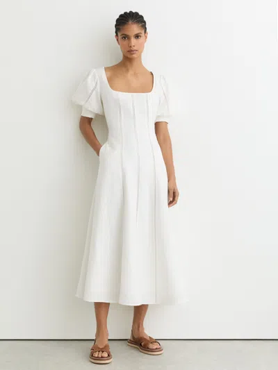 Reiss Ivory Petite Linen Puff-sleeve Embroidered Midi Dress In White