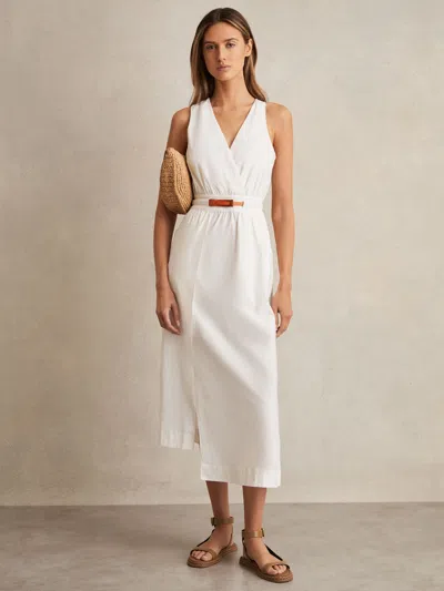 Reiss Ivory Petite Poplin Belted Split Midi Dress In White