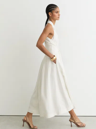 Reiss Ivory Petite Sleeveless Tie-front Midi Dress With Linen In White