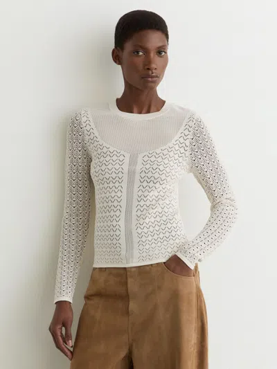 Reiss Ivory Pointelle-knit Long-sleeve Top In Multi