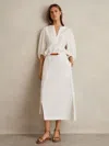 Reiss Ivory Poplin Belted Split Midi Skirt In White
