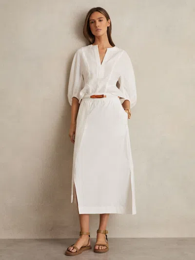 Reiss Ivory Poplin Belted Split Midi Skirt In White