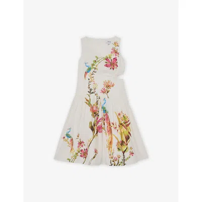 Reiss Kids' Ivory Print Bianca Floral-print Cut-out Woven Dress 3 In White