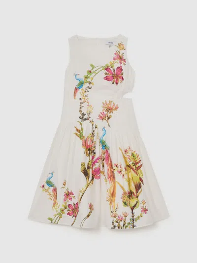 Reiss Kids'  Ivory Print Bianca Floral-print Cut-out Midi Dress In Neutral
