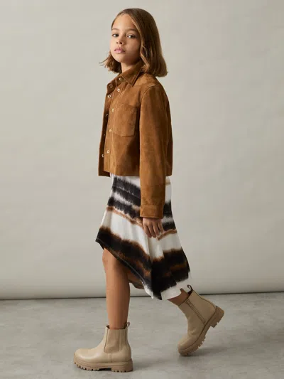 Reiss Kids'  Ivory Print Georgia 4-9 Yrs Printed Jersey Ruched Midi Dress In Brown
