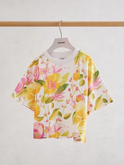 Reiss Kids' Ivory Print 3-9 Yrs Cotton Floral-print Relaxed T-shirt In Multi