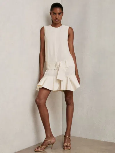 Reiss Ivory Ruffle Hem Belted Mini Dress In White