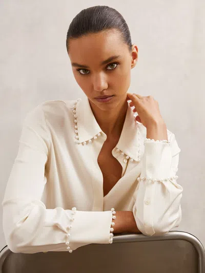 Reiss Ivory Satin Faux-pearl Trim Shirt In White