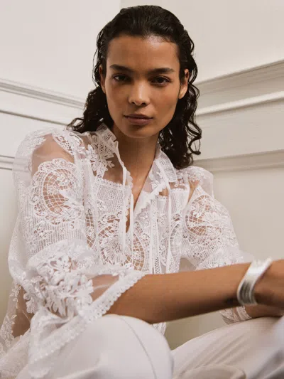 Reiss Ivory Sheer Lace Tie-neck Blouse In White